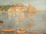 un tableau représentant deux bateaux sur l'eau, près d'une ville