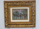 painting of a city street scene with people walking in the rain
