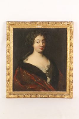 portrait of a woman in a red dress with a black shawl