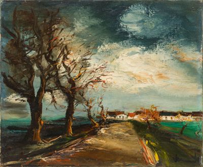 a painting of a road with trees and houses in the distance