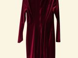 a picture of a red velvet dress on a hanger