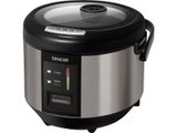 a close up of a silver and black rice cooker on a white background