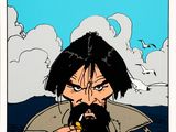 an illustration of a man with a beard smoking a cigarette in front of the ocean