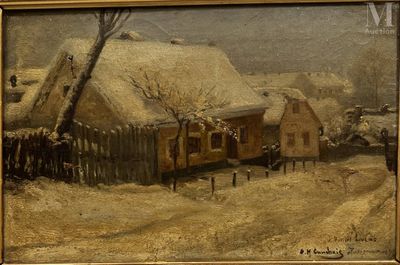an image of a painting of a village in the snow