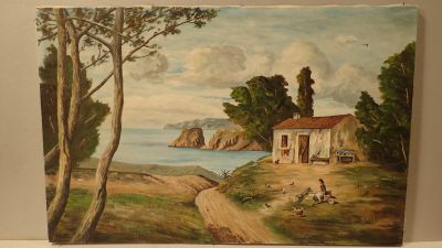 painting of a painting of a house on a hill overlooking a body of water