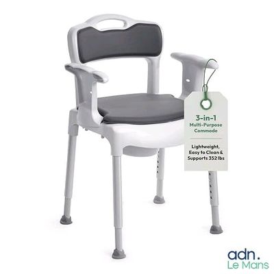 a white chair with a gray seat and a tag on it