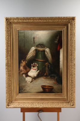 an image of a painting of a dog sitting on a table next to a bowl of food