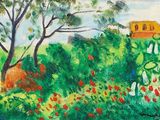 un tableau représentant une maison au milieu d'un jardin