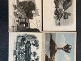 four old postcards of a house, a car, a tree, and a building