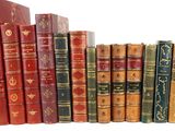 many old books lined up in a row on a shelf