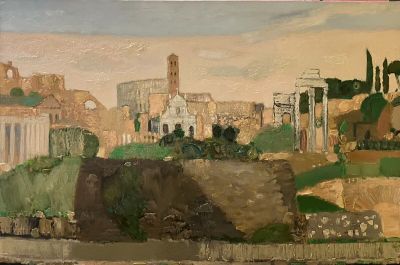 a painting of a view of a city from the water