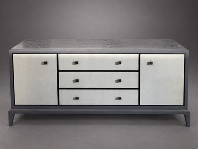 an image of a white and black sideboard with drawers and drawers