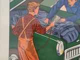 a poster of a man and a woman working on a car