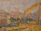 an image of a painting of a windmill in a field