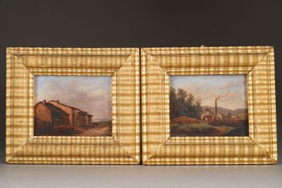 two framed paintings of a farm scene with a barn in the background