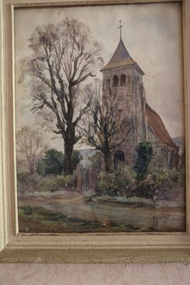 un tableau représentant une église avec un clocher