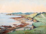 peinture d'un voilier sur l'eau près d'un rivage herbeux
