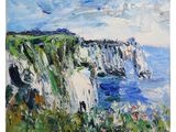 a painting of a cliff overlooking the ocean with flowers in the foreground