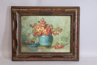 painting of flowers in a blue vase on a green background