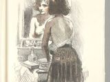 drawing of a woman looking at herself in a mirror in front of a mirror