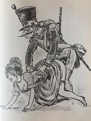 an old drawing of a man in a top hat and a woman in a dress