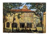 une peinture à l'huile représentant un bâtiment devant lequel se trouve un groupe de personnes