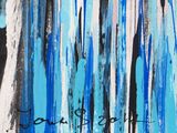 a painting of blue and white stripes on a black background