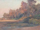 painting of a landscape with trees and a river in the foreground