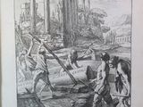 an old book with a drawing of a man carrying a stick