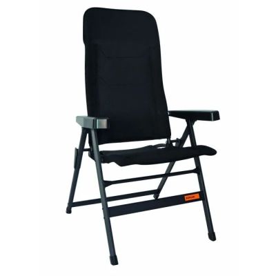 a black folding chair with arm rest and foot rest