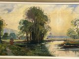 a painting of a river scene with a boat in the water