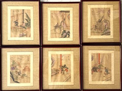 six peintures chinoises encadrées représentant un homme et une femme dans une pièce