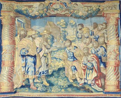 an image of a tapestry with a picture of a group of people in a room