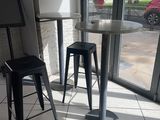 une petite table et deux tabourets devant une fenêtre