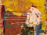 une peinture abstraite représentant un homme tenant une raquette de tennis à la main