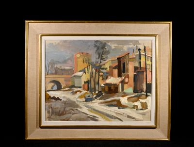 une image représentant une peinture d'une scène de rue avec des bâtiments et des arbres