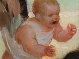 a painting of a baby in a diaper playing with a woman