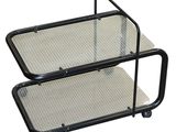 pair of black metal and glass side tables on casteors