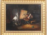 an image of a painting of a dog and a man with a easel