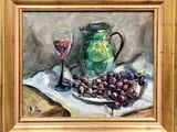 a painting of grapes and a pitcher on a table