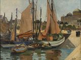 une peinture représentant une scène portuaire avec des bateaux sur l'eau