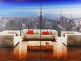 a painting of a living room with a view of the city