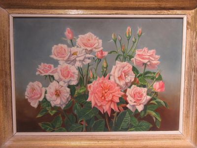 a painting of pink roses in a wooden frame