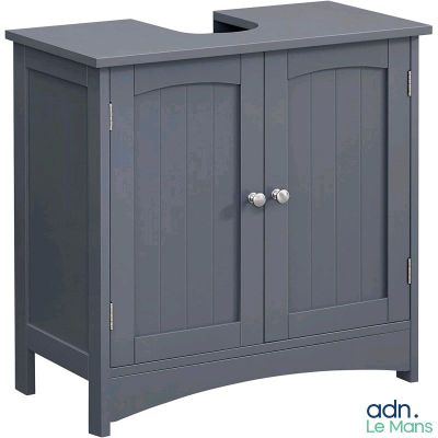 grey bathroom cabinet with two doors and a drawer