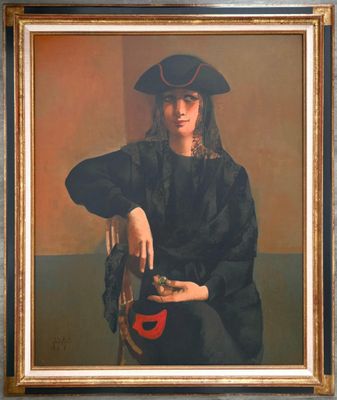 tableau représentant un homme coiffé d'un chapeau noir et vêtu d'un costume noir, assis sur une chaise