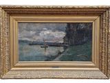 an oil painting of a river scene with boats on the water