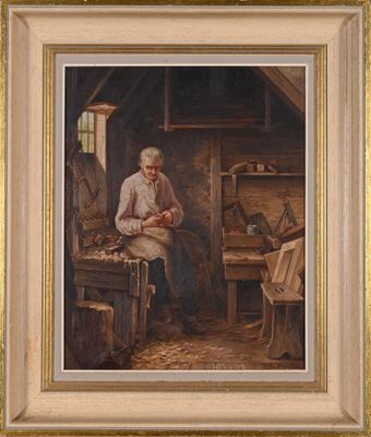 an image of a painting of a man working in a workshop
