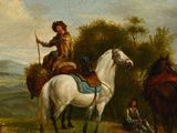 painting of a man riding a white horse with a woman sitting on the back of it