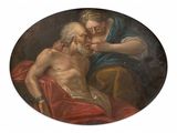 painting of a man being comforted by a woman in a bed