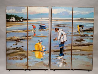 tableau représentant un homme et un enfant sur une plage, avec une bouche d'incendie jaune